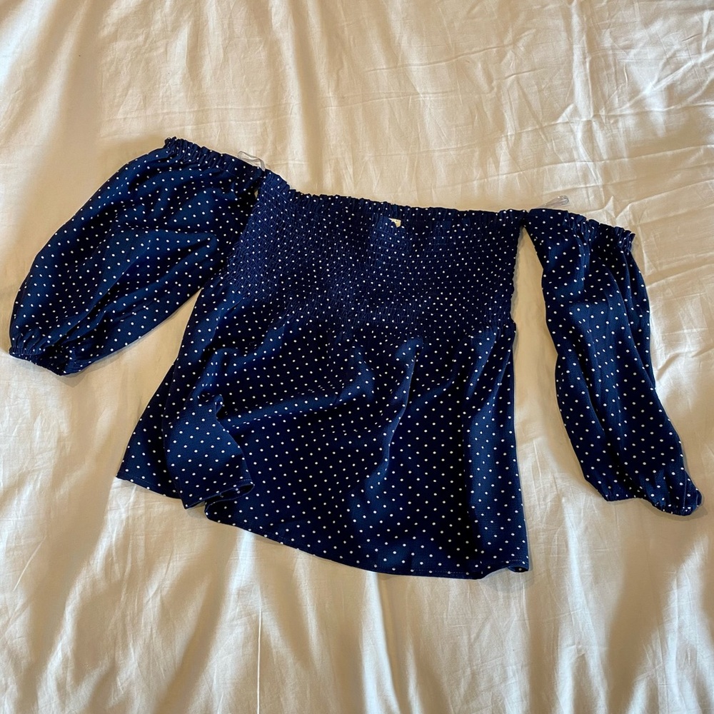 Off the shoulder blue with white polka dots top, size small
